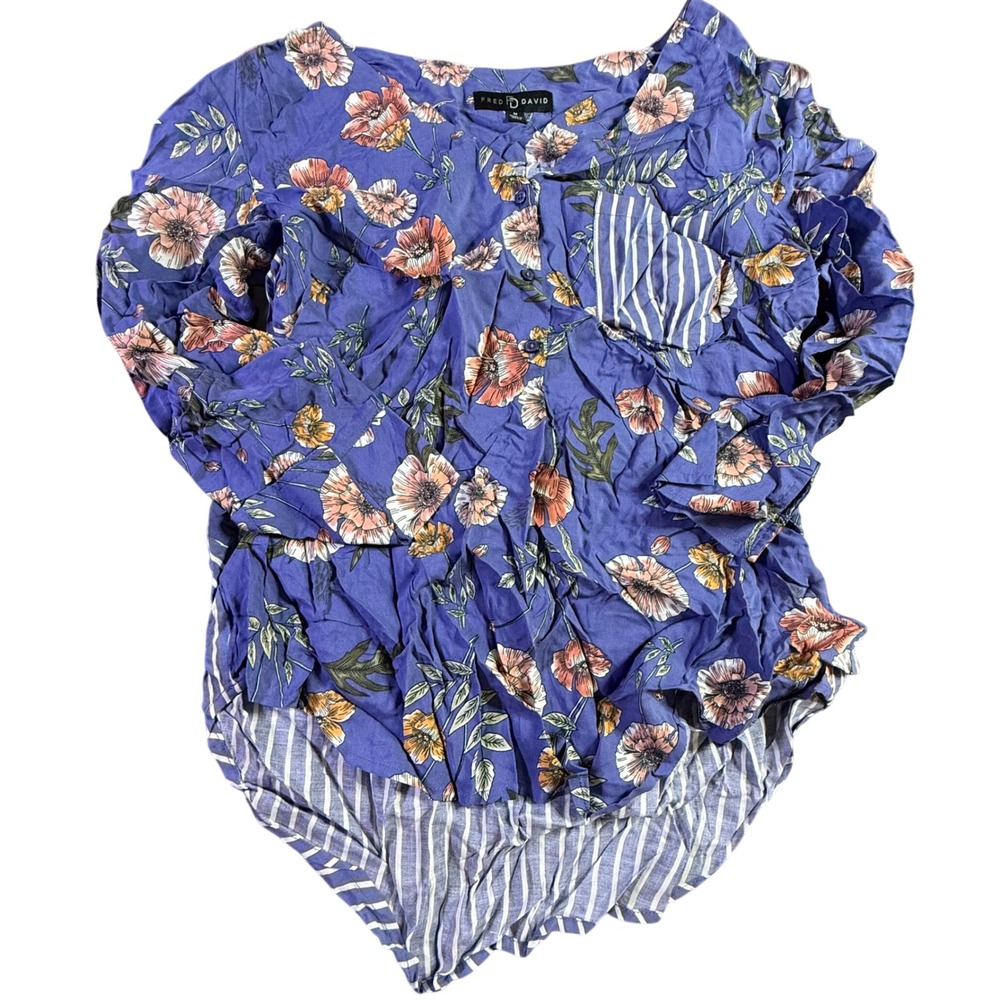 Fred David Floral Stripe Mixed Media Button Front Blouse Blue Purple Medium
